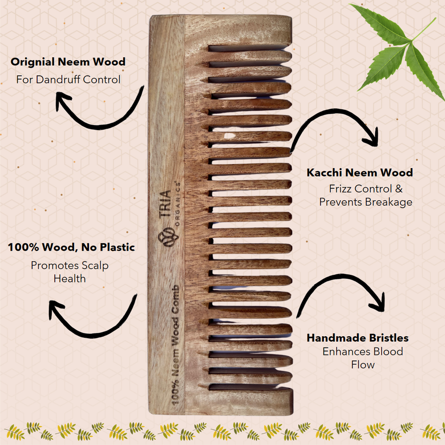 Pure Neem Wood Detangling Comb for Reducing Dandruff, Breakage & Hairfall