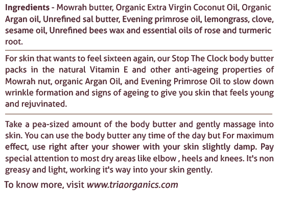 Stop the Clock Organic Anti Ageing Body Butter with Mowrah Butter, Evening Primrose Oil and Organic Argan Oil (100 g)